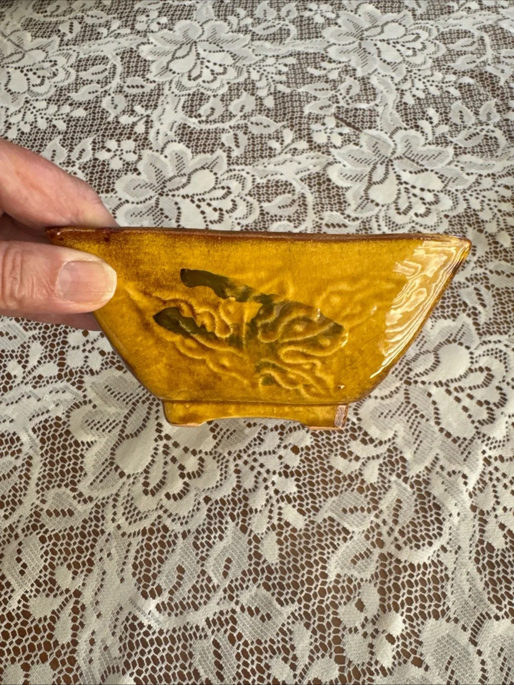 Vintage 103 USA Pottery Planter Mustard Yellow Footed MCM Raised Foliage 9.5”